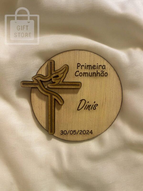 Lembrança Comunhão | Batizado | Pai nosso com íman e cruz em redondo