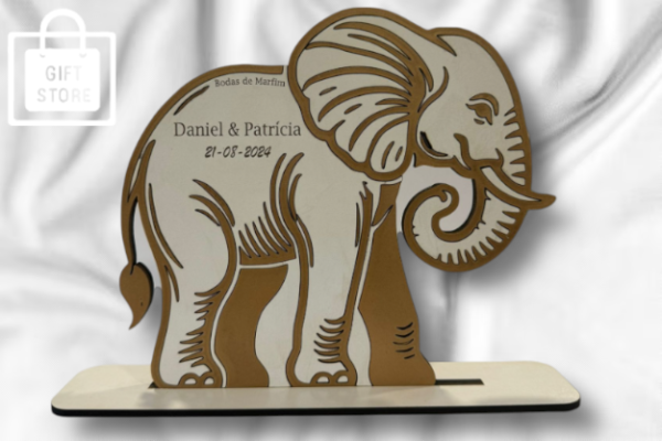 Elefante Bodas de marfim em madeira com nomes e data personalizados