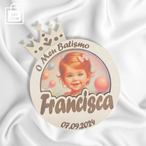 Lembrança redonda com coroa para Batismo / Pai nosso / Comunhão / Profissão de Fé /Aniversário com foto e íman