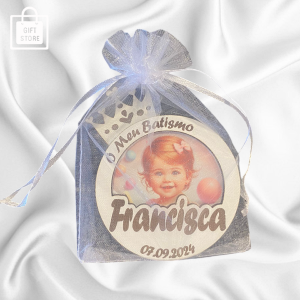 Lembrança redonda com coroa para Batismo / Pai nosso / Comunhão / Profissão de Fé /Aniversário com foto e íman - Image 2