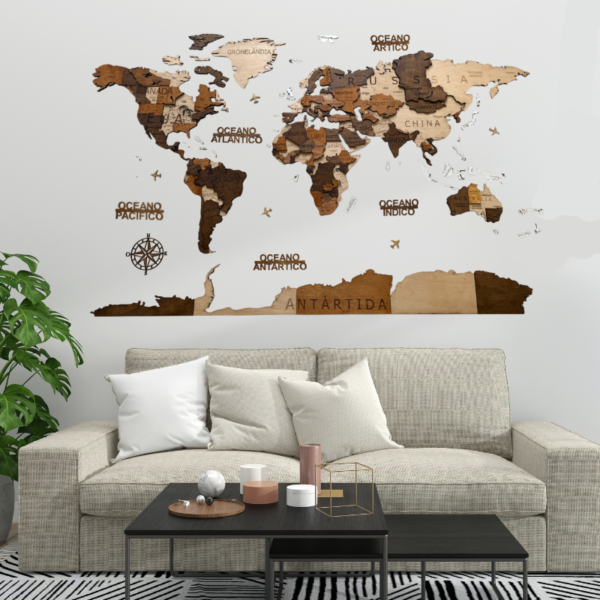 Mapa mundo em Madeira 3D – Edição Premium Colorida