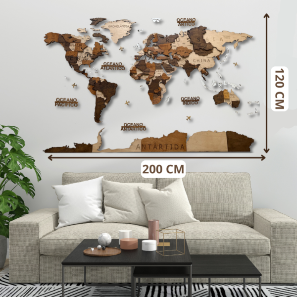 Mapa mundo em Madeira 3D – Edição Premium Colorida - Image 3