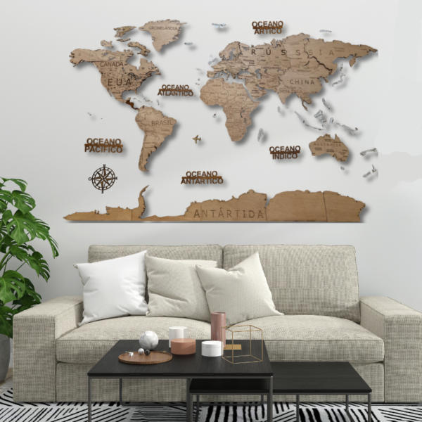 Mapa Mundo em Madeira Minimalista 2D – Edição Clássica